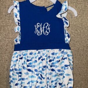 Blue and White Embroidered Initial Fish Print Baby Romper
